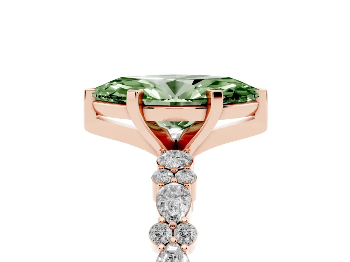 Fancy Green Marquise Cut Diamond Side Stone Solitaire Ring with Round and Four-Prong Setting Rose gold