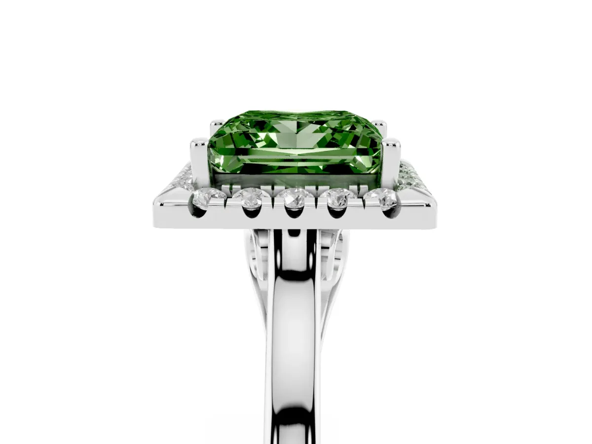 Fancy Green Princess Cut Halo Round Diamond Solitaire Ring with Pavé Band and Four-Prong Setting Platinum