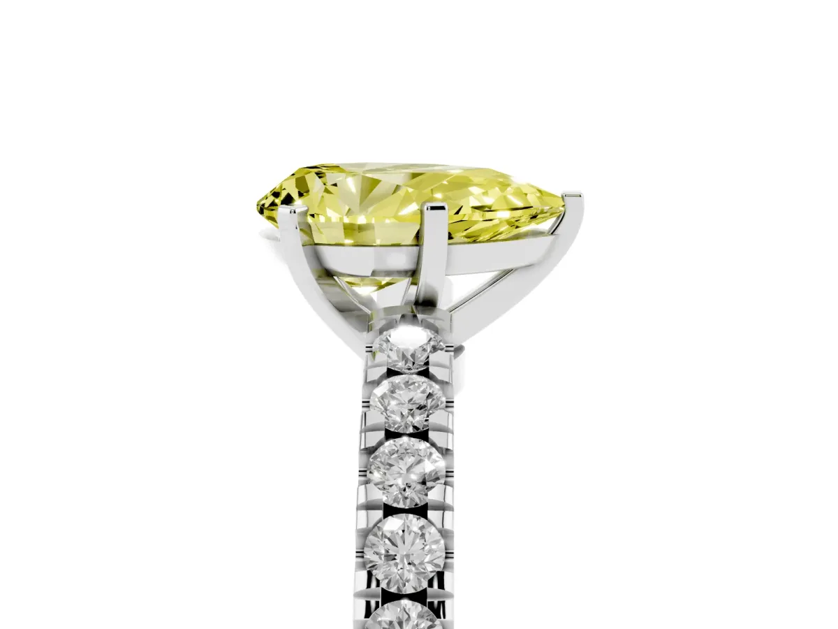 Fancy Yellow Pear Cut Solitaire Diamond with Pavé Band and Four-Prong Setting Silver