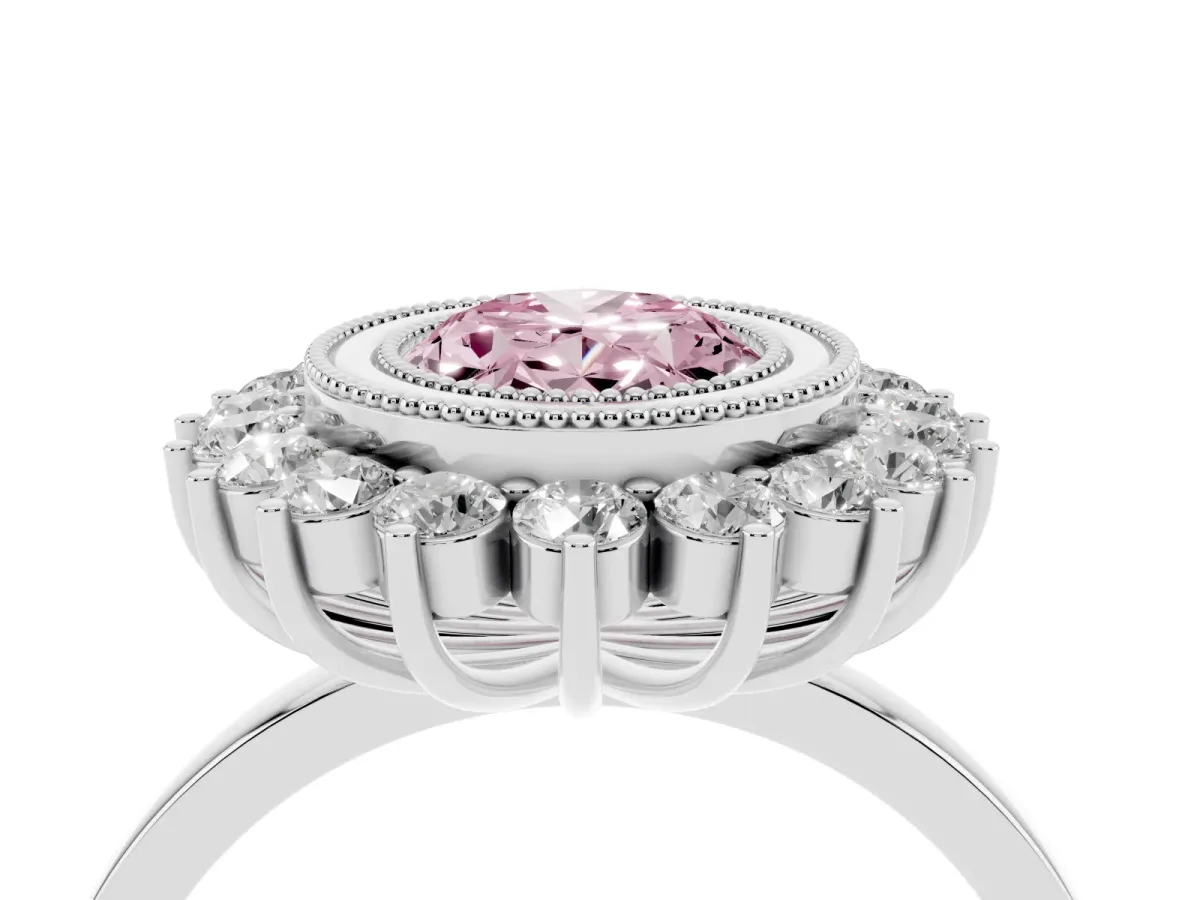 Fancy Pink Oval Cut Halo Diamond Ring with Milgrain Edge and Round Prong Setting Silver