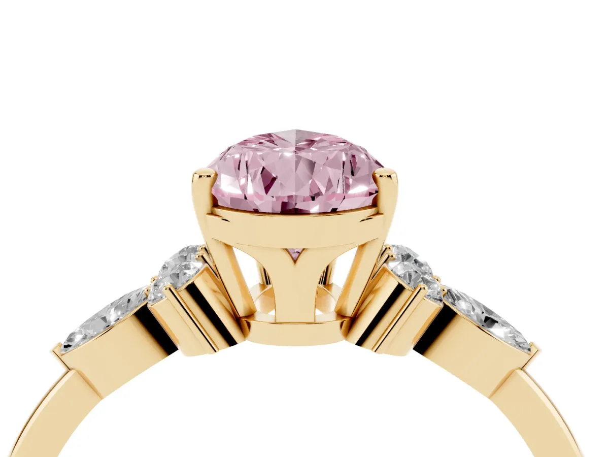 Fancy Pink Pear Cut Brilliant Diamond Solitaire Ring with Pear Side Stones and Four-Prong Setting Yellow gold