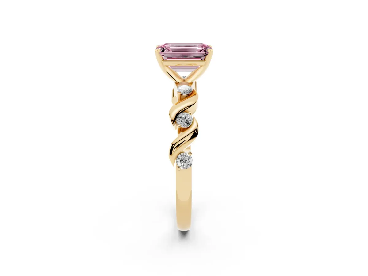 Fancy Pink Emerald Cut Diamond Solitaire Twisted Band with Round Accents and Prong Setting Yellow gold