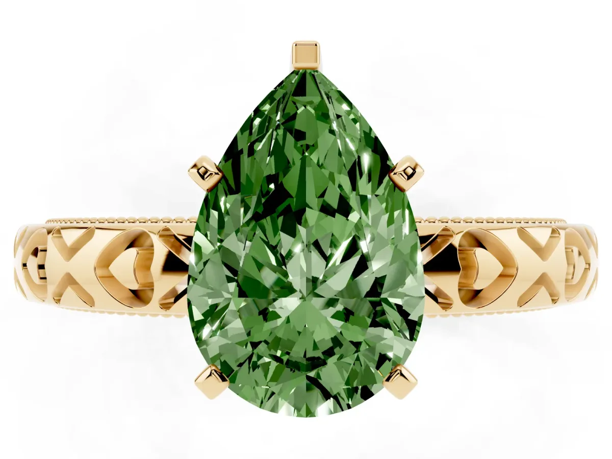 Fancy Green Pear Cut Solitaire Diamond Engagement Ring with XO Engraved Band and Four-Prong Setting Yellow gold