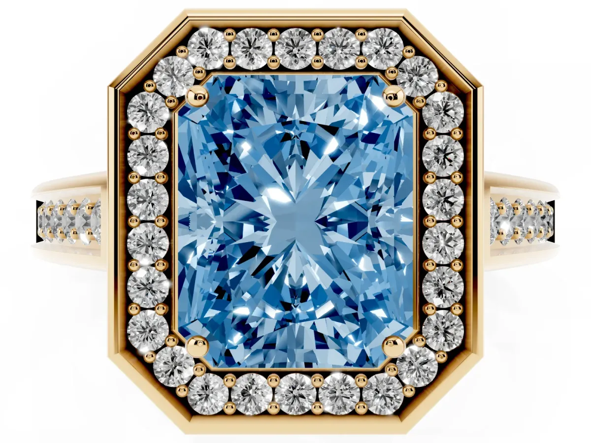 Fancy Blue Radiant Cut Halo Solitaire Diamond Ring with Pave Band and Bezel Setting Yellow gold