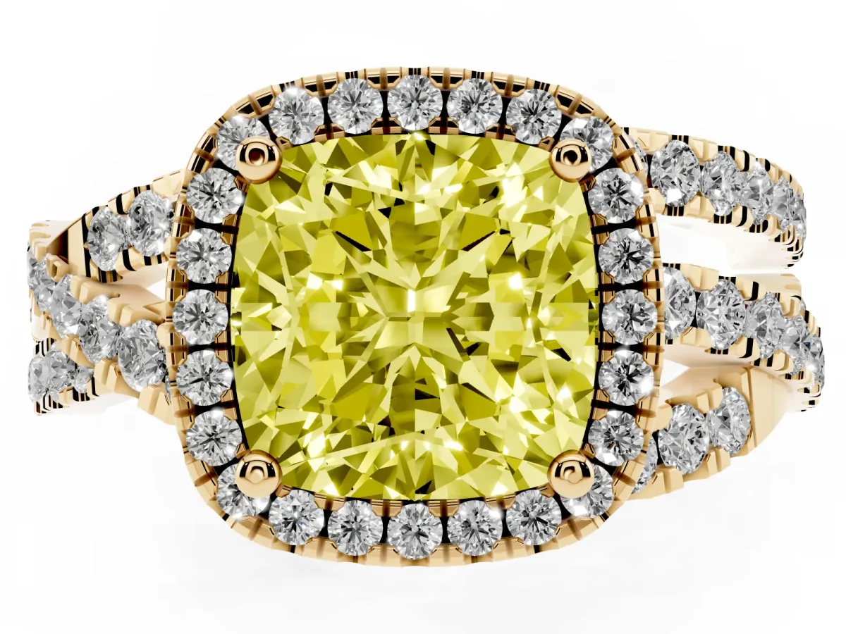 Fancy Yellow Cushion Cut Diamond Halo Ring with Round Split Shank and Prong Setting Yellow gold