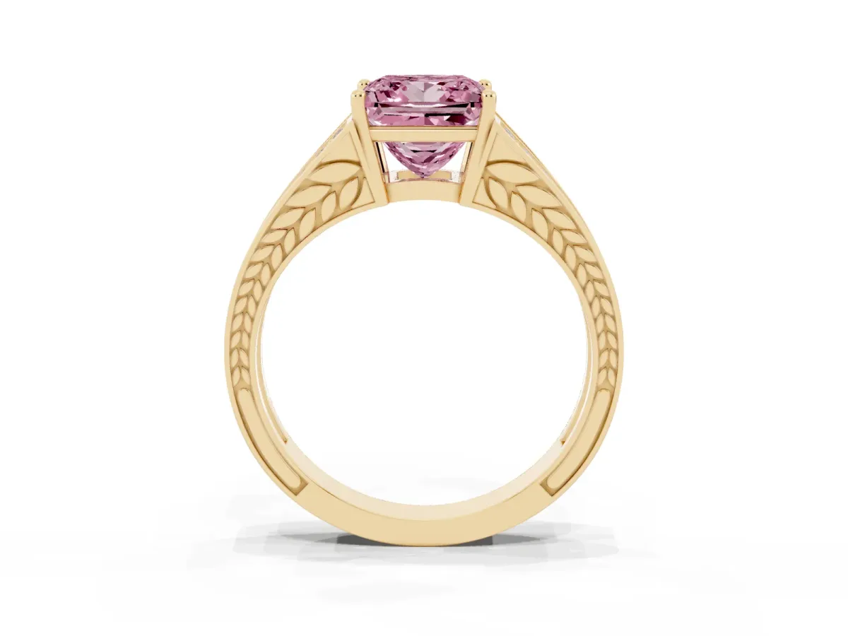 Fancy Pink Princess Cut Diamond Split Shank Ring with Pavé Band and Four-Prong Setting Yellow gold