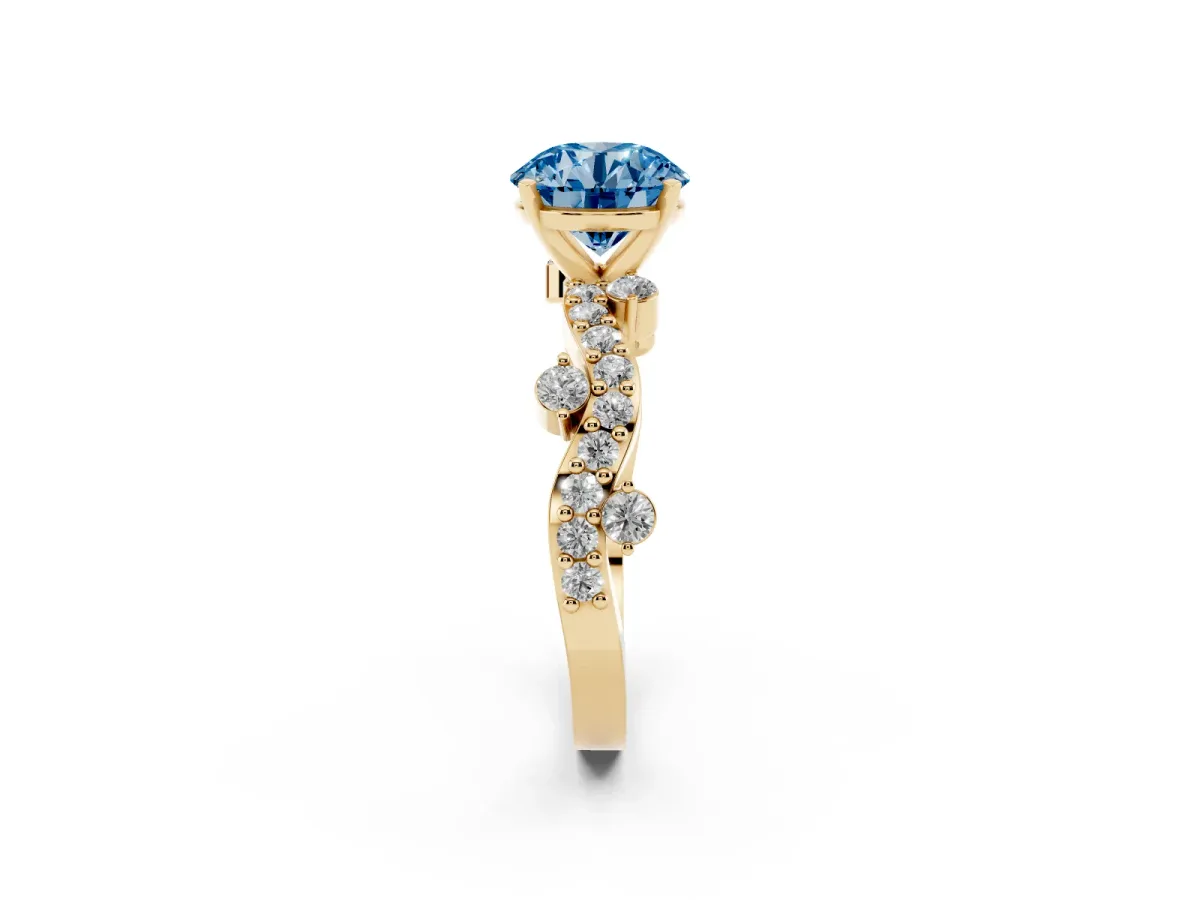 Fancy Blue Round Cut Cut Solitaire Diamond Twisted Band with Pave Setting Yellow gold