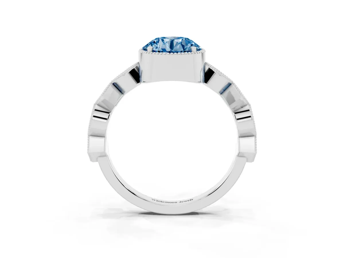 Fancy Blue Round Cut Milgrain Marquise Diamond Twist Band Ring Silver