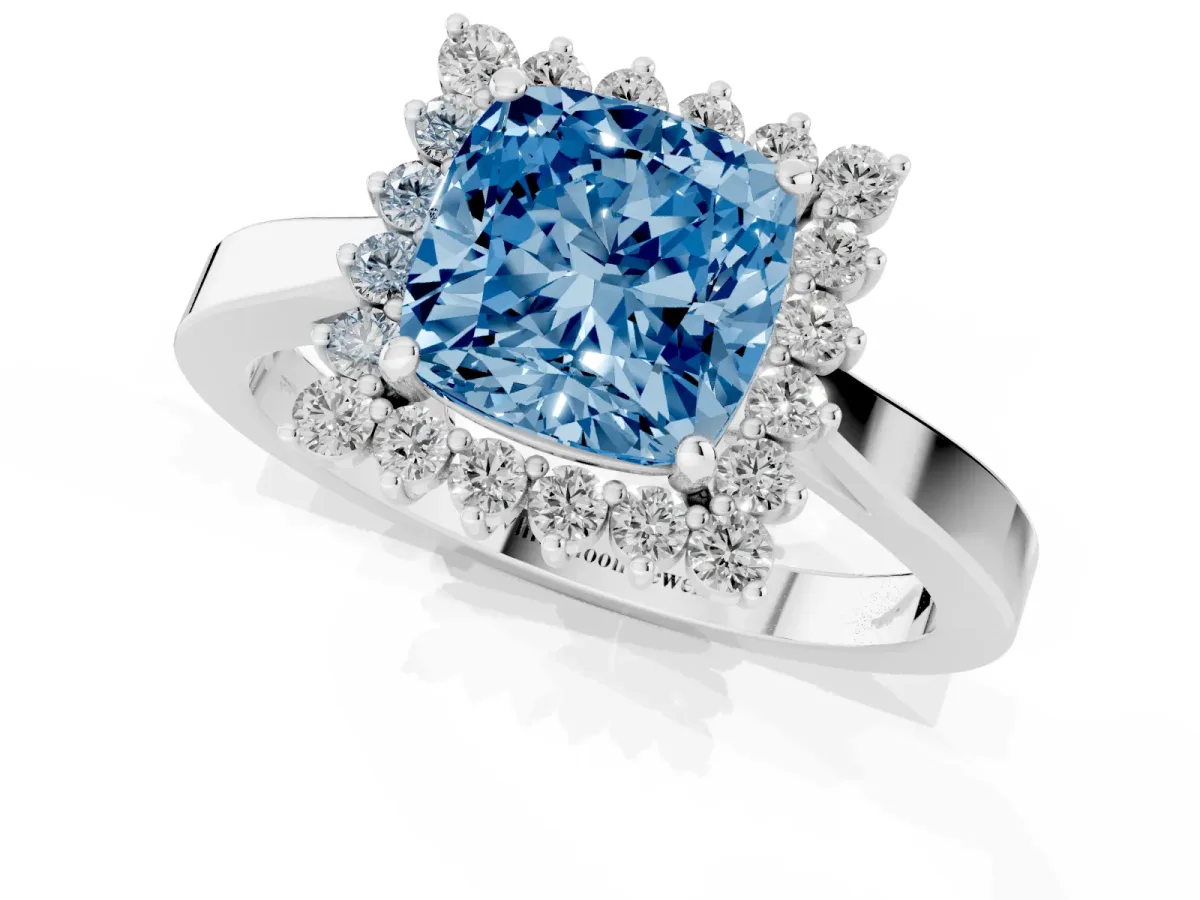 Fancy Blue Cushion Cut Cut Diamond Halo Ring with Round Brilliant Halo and Solitaire Band Silver