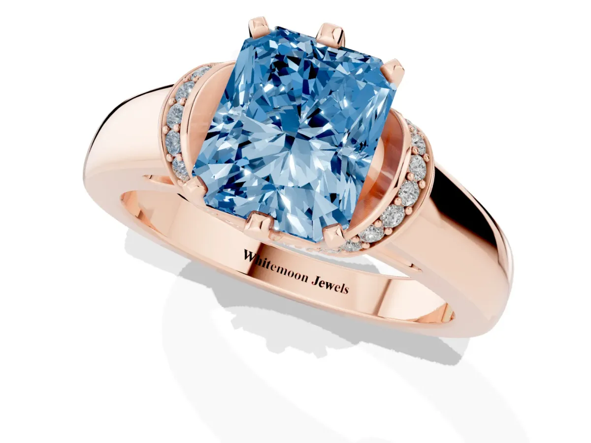 Fancy Blue Radiant Cut Solitaire Diamond Ring with Pave Band and Six-Prong Setting Rose gold