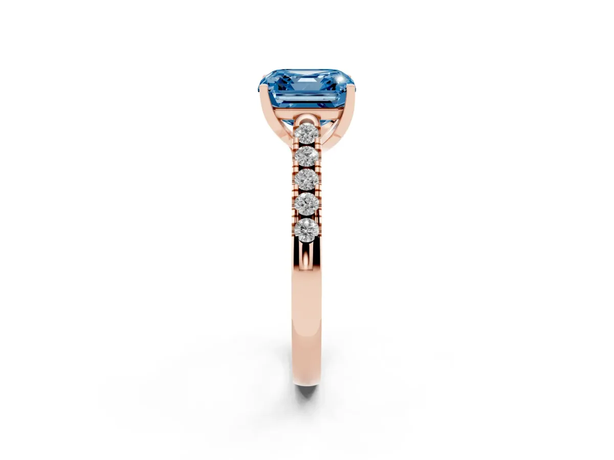 Fancy Blue Asscher Cut Diamond Pavé Band Solitaire Ring with Prong Setting Rose gold