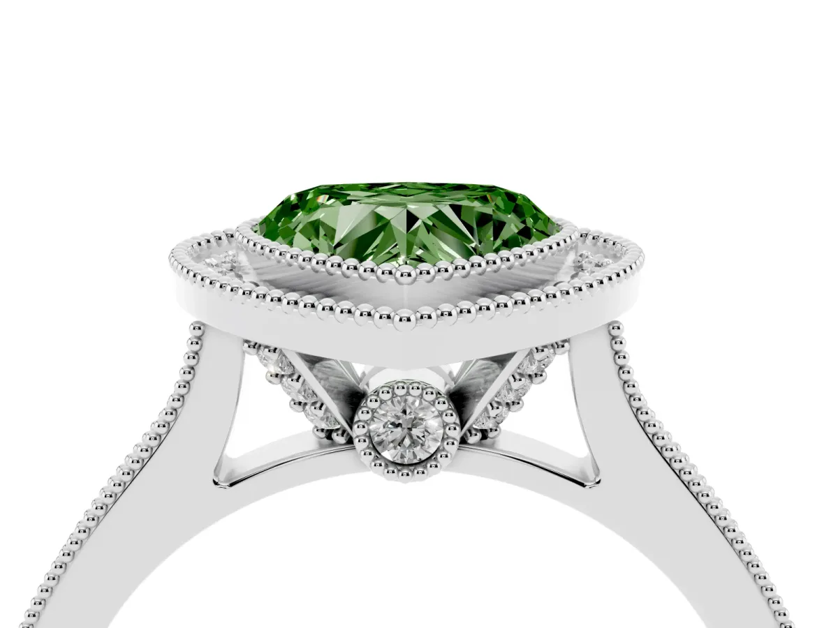 Fancy Green Halo Heart Cut-Cut Diamond Pave Band Milgrain Prong Setting Ring Silver