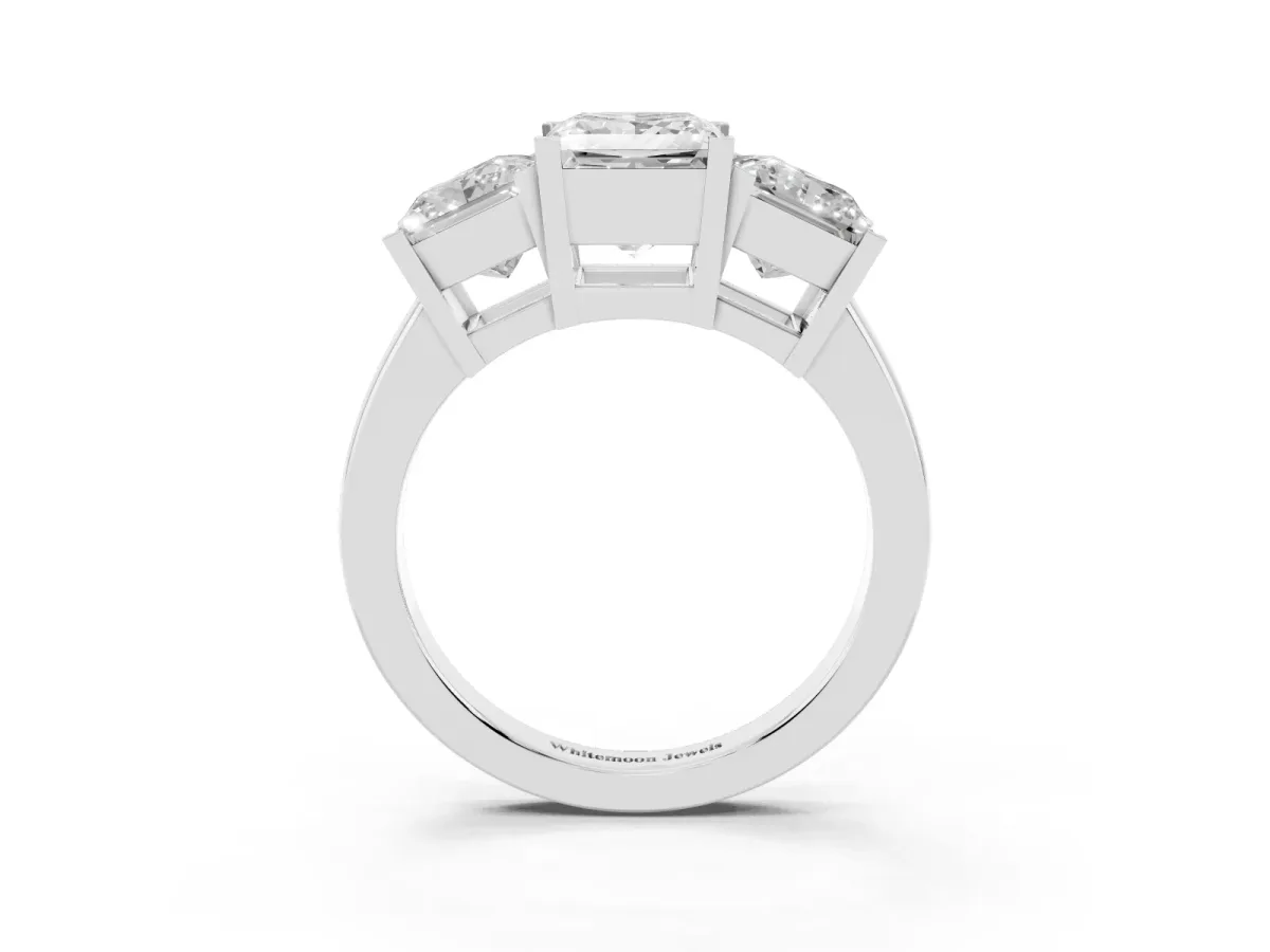 Three-Stone Princess Cut Cut Diamond Ring with Channel Set Band and Four-Prong Setting Silver