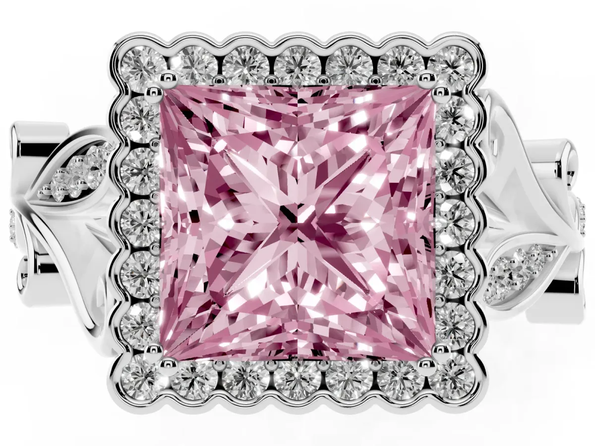 Fancy Pink Princess Cut Diamond Halo Ring with Vintage Split Shank and Four-Prong Setting Silver