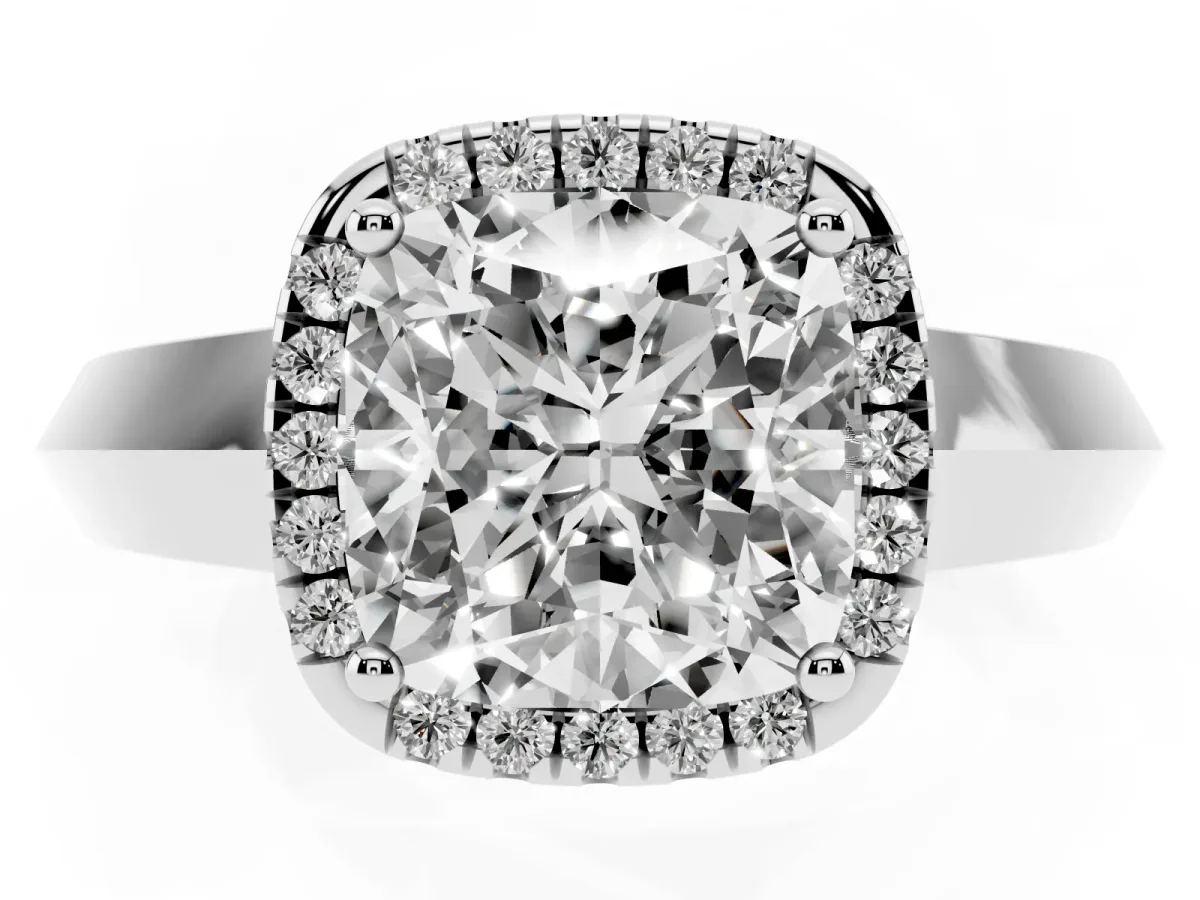 Cushion Cut Halo Diamond Ring with Cathedral Band and Four-Prong Setting Silver