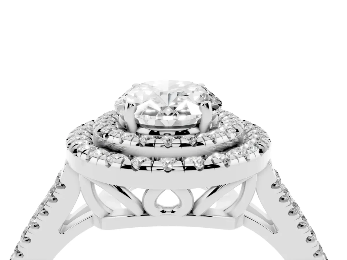 Oval Cut Diamond Double Halo Ring with Pavé Band and Prong Setting Silver