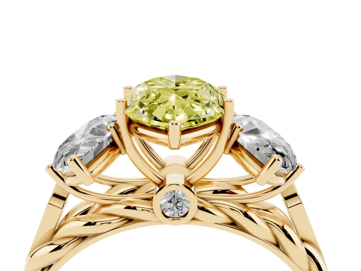 Fancy Yellow Three-Stone Marquise Cut Diamond Braided Band Ring with Four-Prong Setting Yellow gold