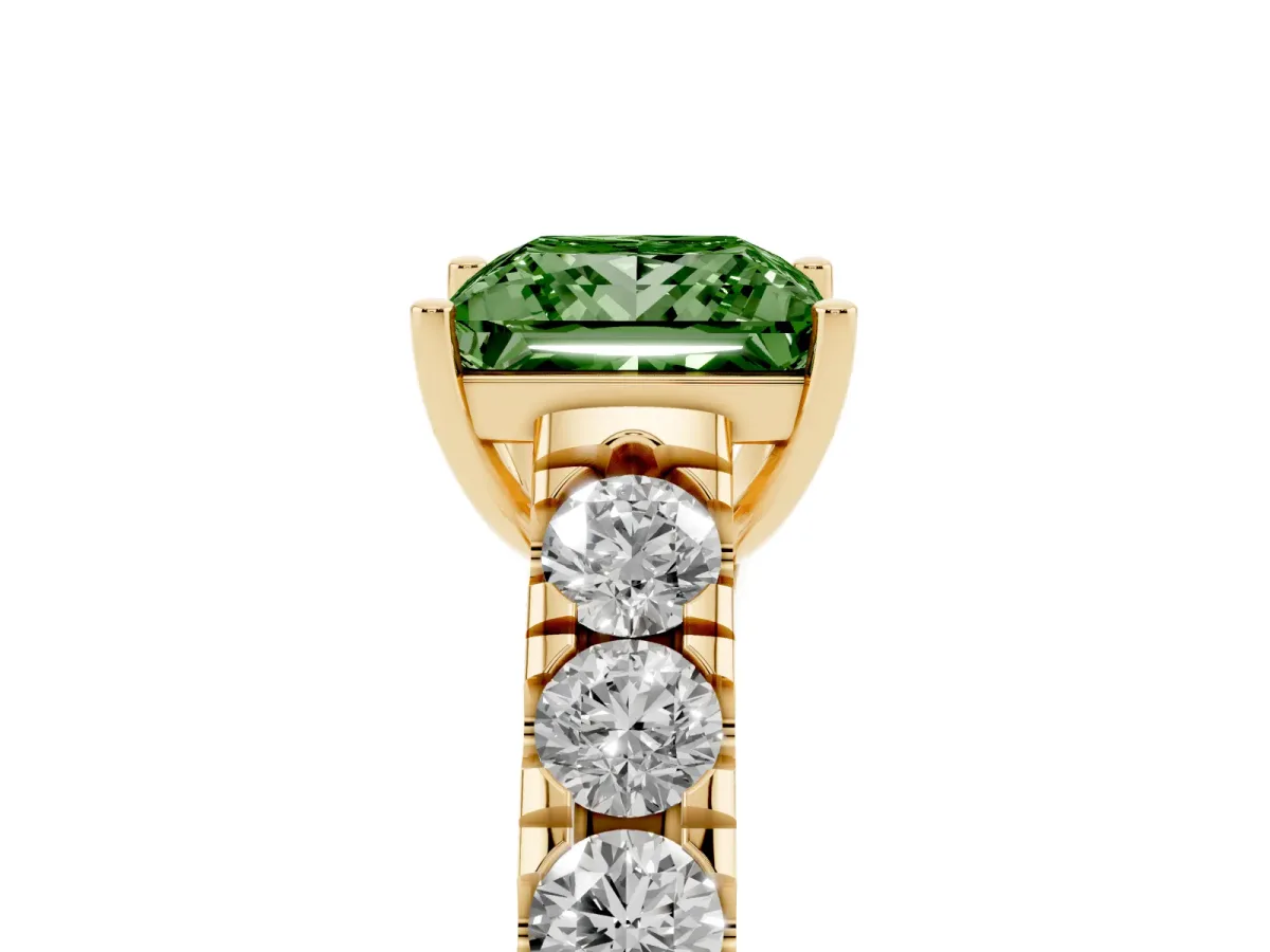 Fancy Green Princess Cut Cut Diamond Solitaire Ring with Micro Pave Band and Prong Setting Yellow gold
