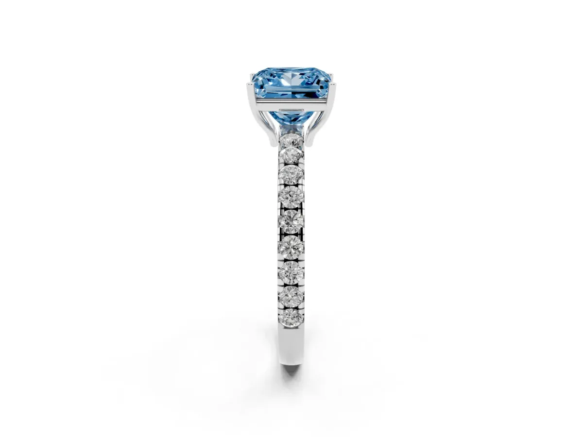Fancy Blue Princess Cut Diamond Pavé Solitaire Engagement Ring with Four-Prong Setting Silver
