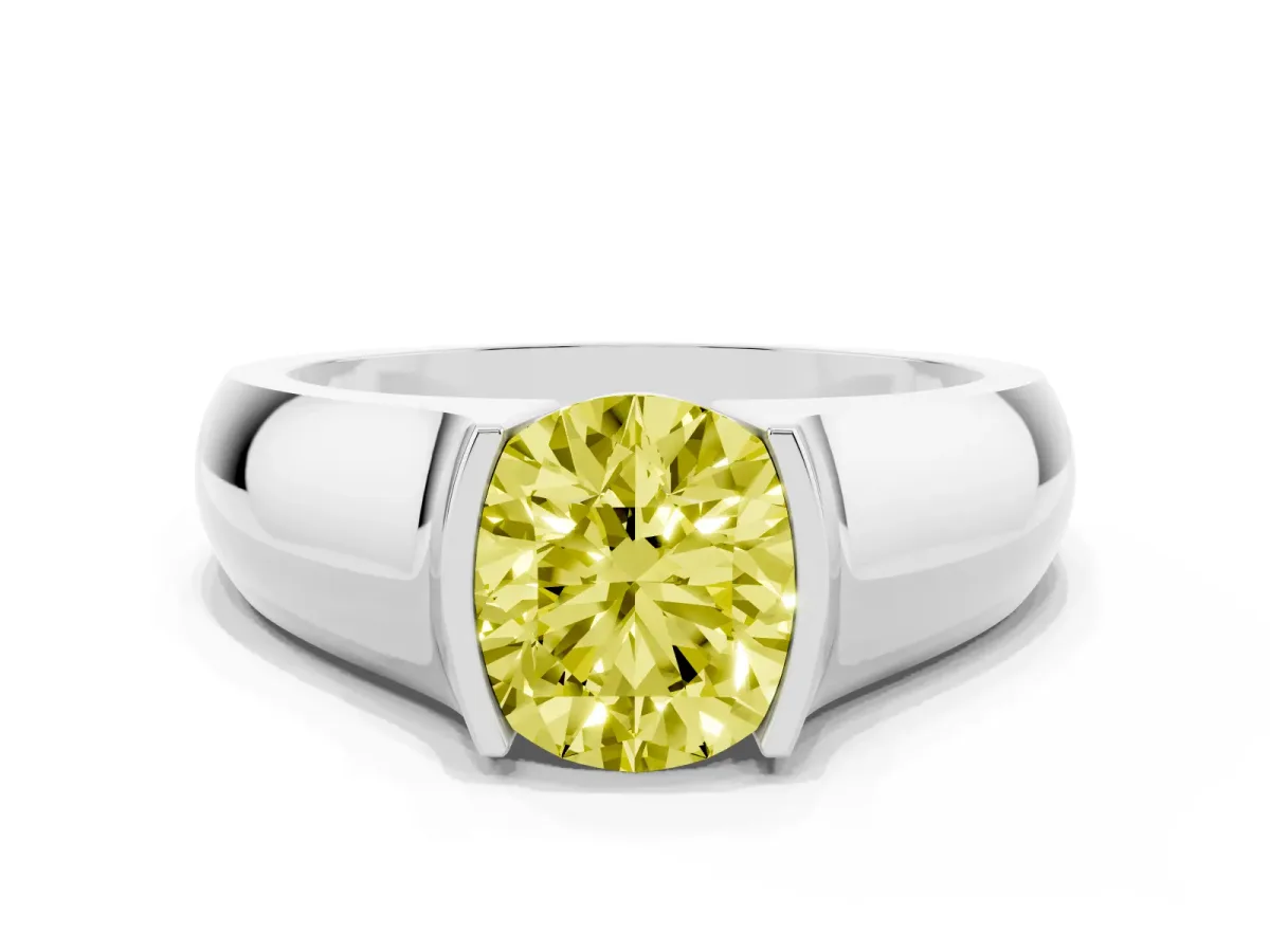 Fancy Yellow Round Cut Solitaire Bezel Set Diamond Ring with Wide Band Platinum