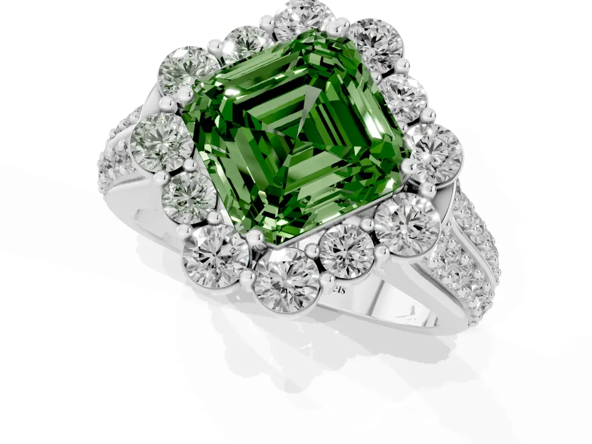 Fancy Green Asscher Cut Halo Diamond Engagement Ring with Split Shank and Prong Setting Silver