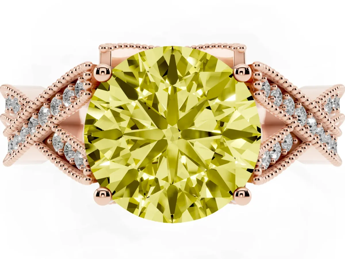 Fancy Yellow Round Cut Cut Diamond Twisted Band with Milgrain Pave Setting and Four-Prong Setting Rose gold