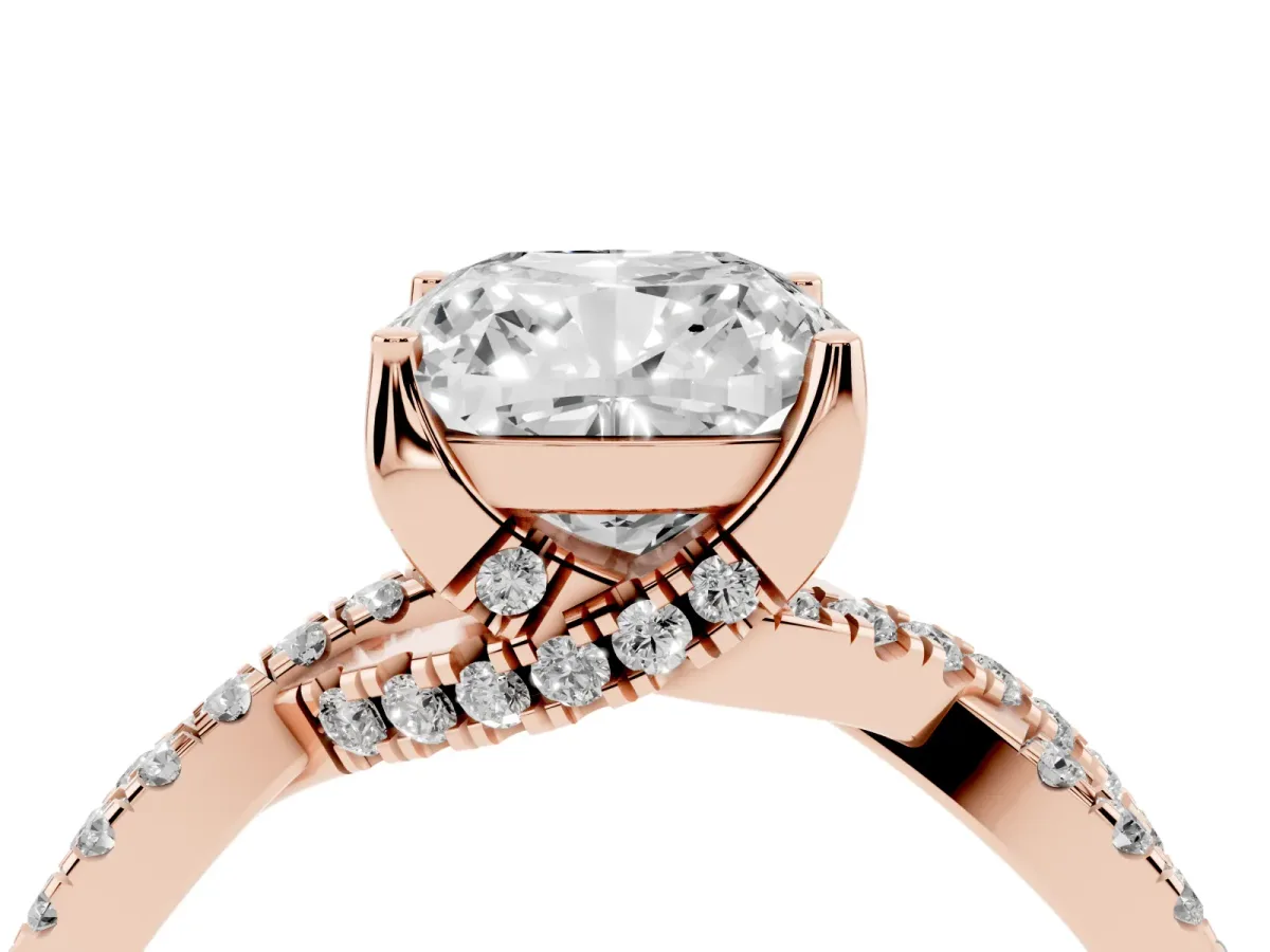 Cushion Cut Solitaire Twist Pave Diamond Engagement Ring with Prong Setting Rose gold