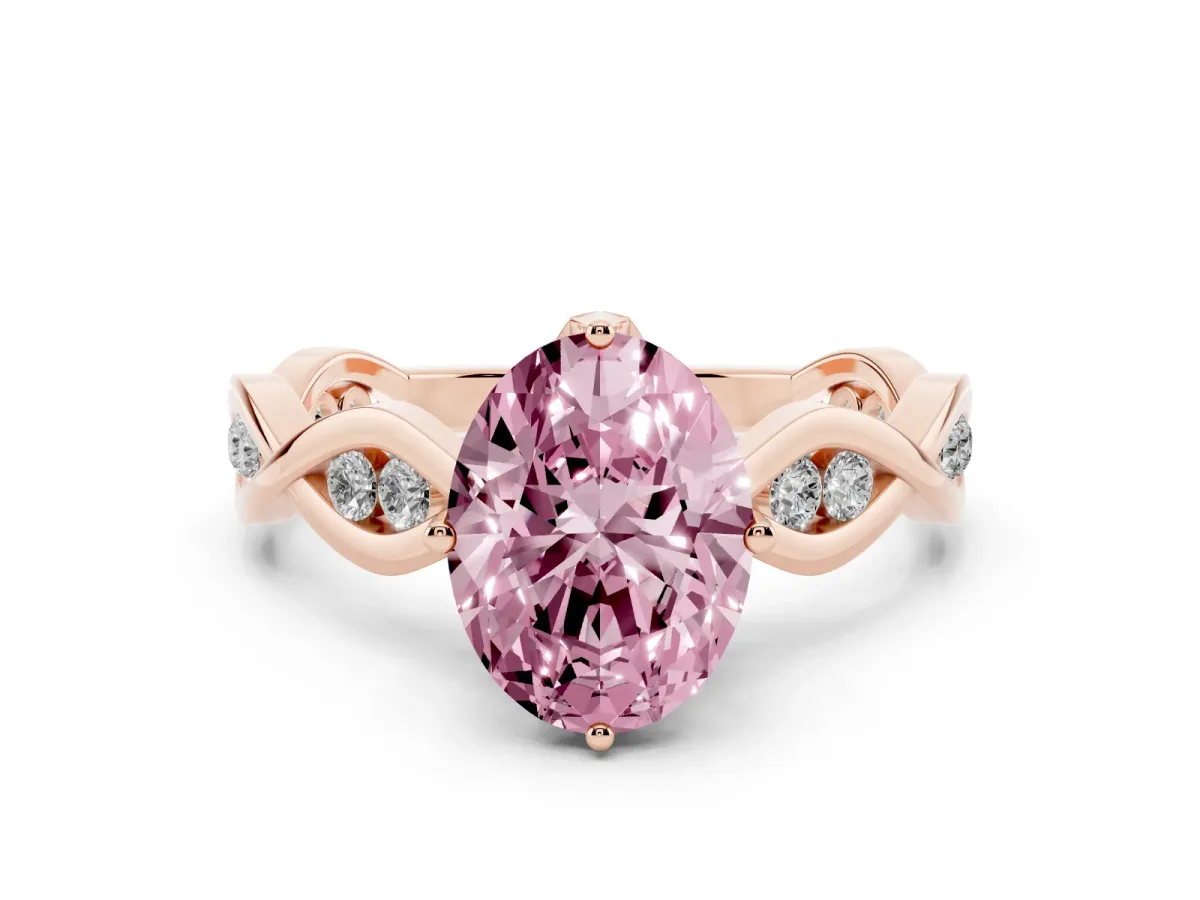 Fancy Pink Oval Cut Solitaire Twist Band with Leaf Prong Setting Rose gold