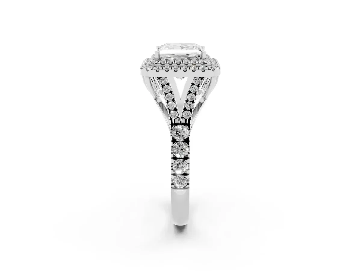 Princess Cut Cut Double Halo Split Shank Diamond Ring with Prong Setting Silver