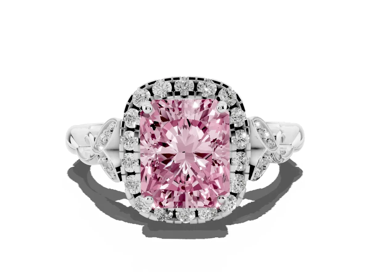 Fancy Pink Radiant Cut Halo Diamond Engagement Ring with Vintage-Inspired Band and Four-Prong Setting Platinum