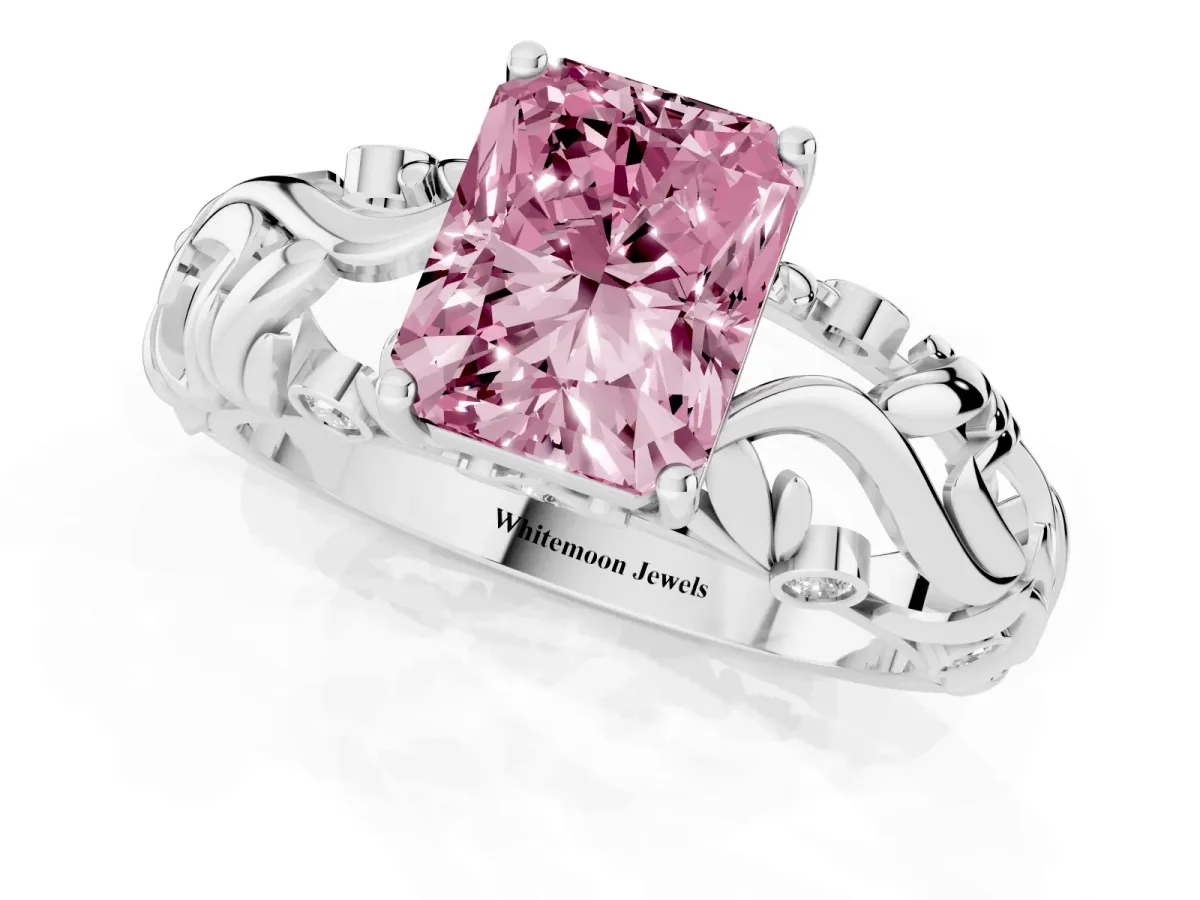Fancy Pink Radiant Cut Solitaire Diamond Leaf-Inspired Vine Band Ring with Prong Setting Silver