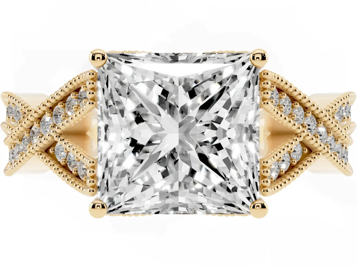 Princess Cut Cut Diamond Twisted Band with Milgrain Pave Setting and Four-Prong Setting Yellow gold