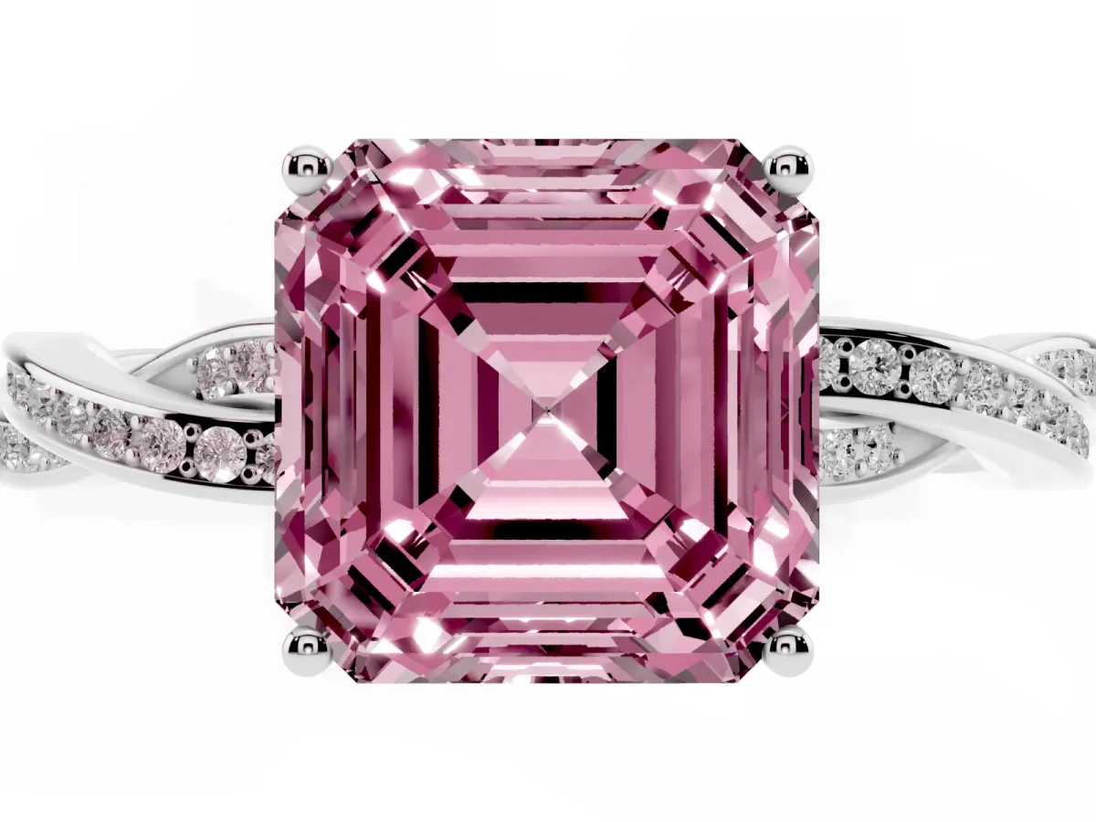 Fancy Pink Asscher Cut Solitaire Twisted Pave Diamond Ring with Four-Prong Setting Silver