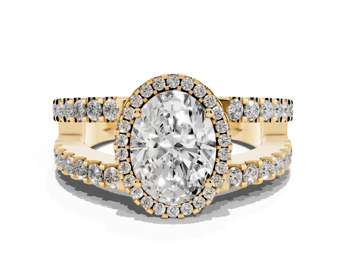 Oval Cut Cut Halo Split Shank Diamond Ring with Four-Prong Setting Yellow gold