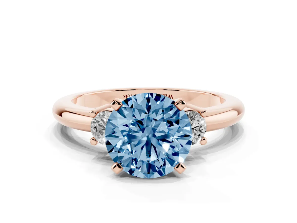 Fancy Blue Three-Stone Round Cut Cut Diamond Solitaire with Prong Setting and Classic Band Rose gold
