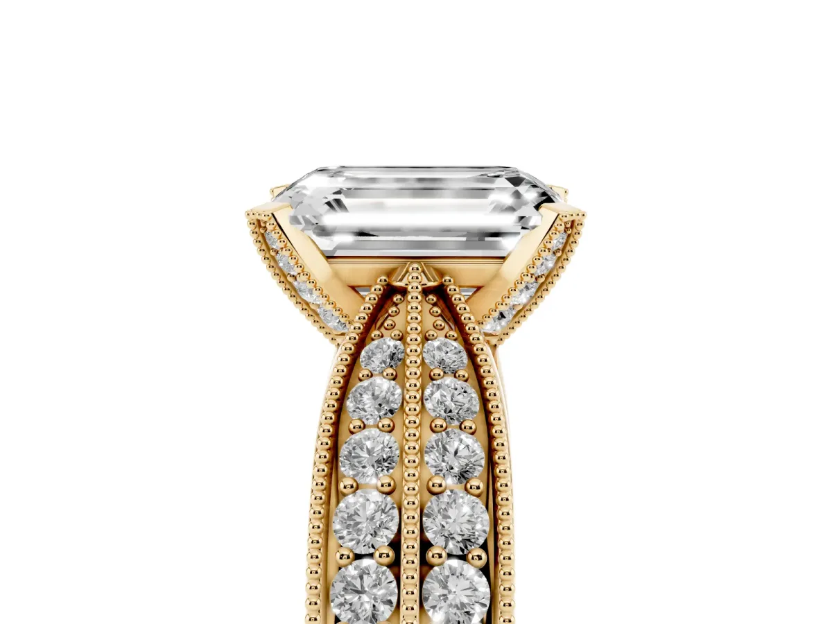 Emerald Cut Diamond Solitaire Ring with Milgrain Round Pavé Band and Prong Setting Yellow gold