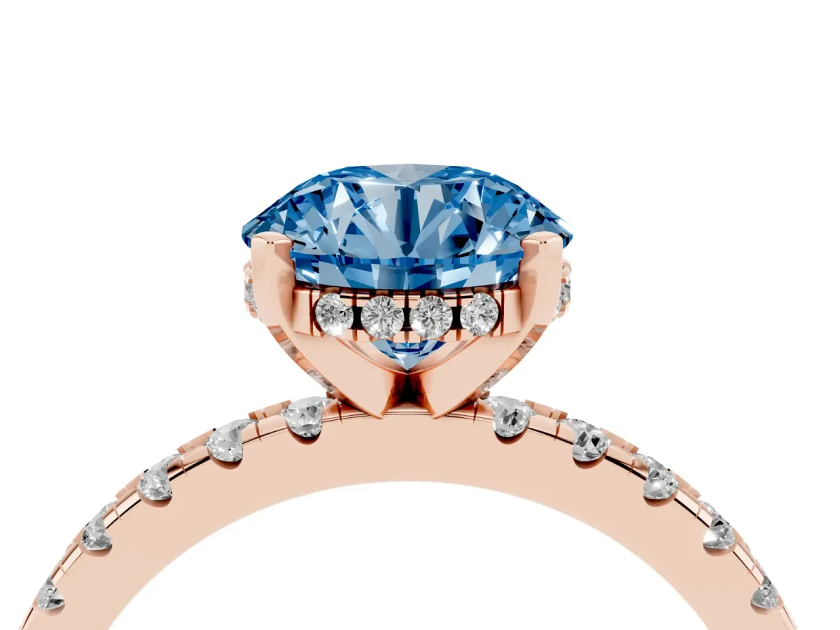 Fancy Blue Round Cut Diamond Solitaire Ring with Round Pavé Band and Four-Prong Setting Rose gold