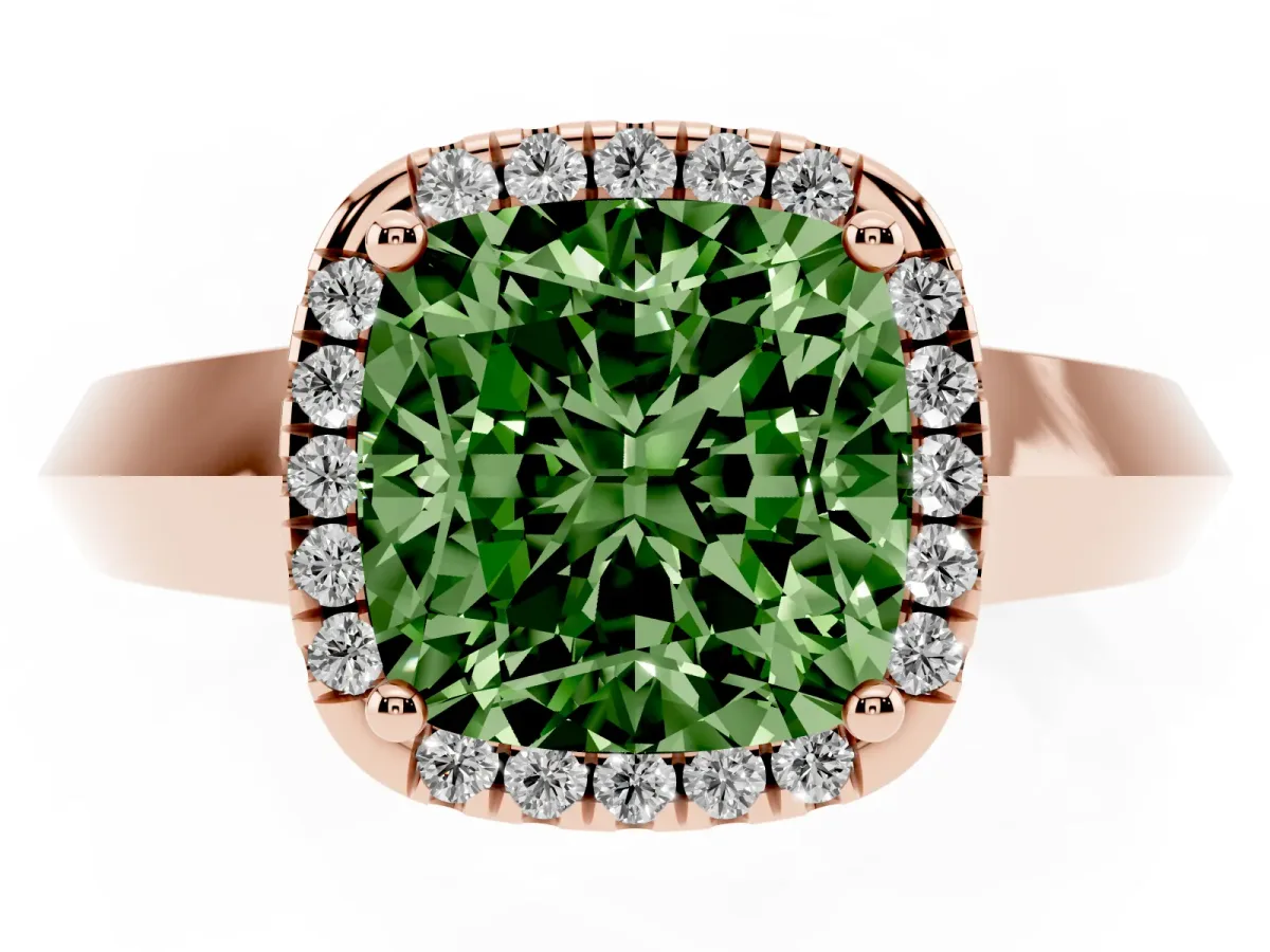 Fancy Green Cushion Cut Halo Diamond Ring with Cathedral Band and Four-Prong Setting Rose gold