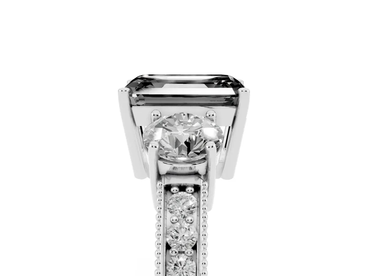 Fancy Black Emerald Cut Three-Stone Diamond Ring with Pavé Band and Four-Prong Setting Silver
