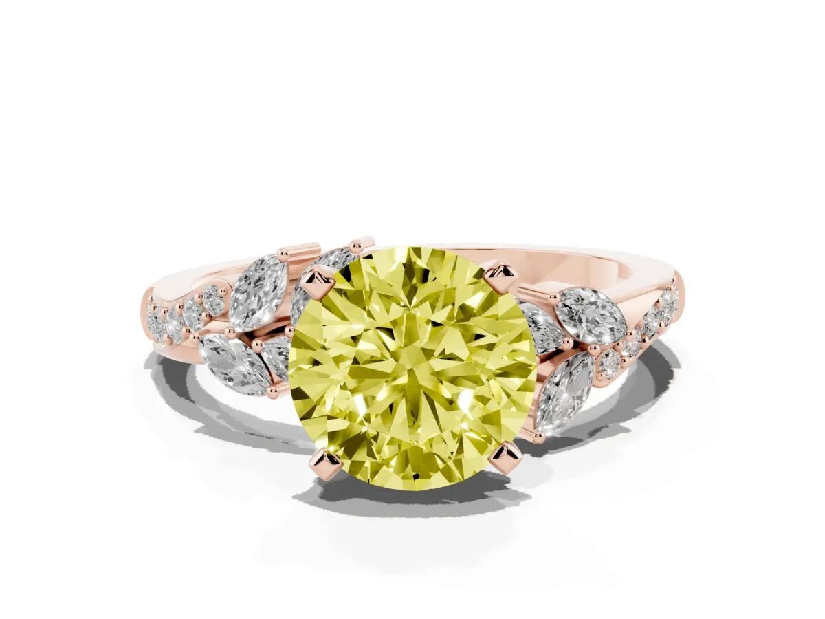Fancy Yellow Round Cut Solitaire Marquise Twist Band with Six-Prong Setting Rose gold