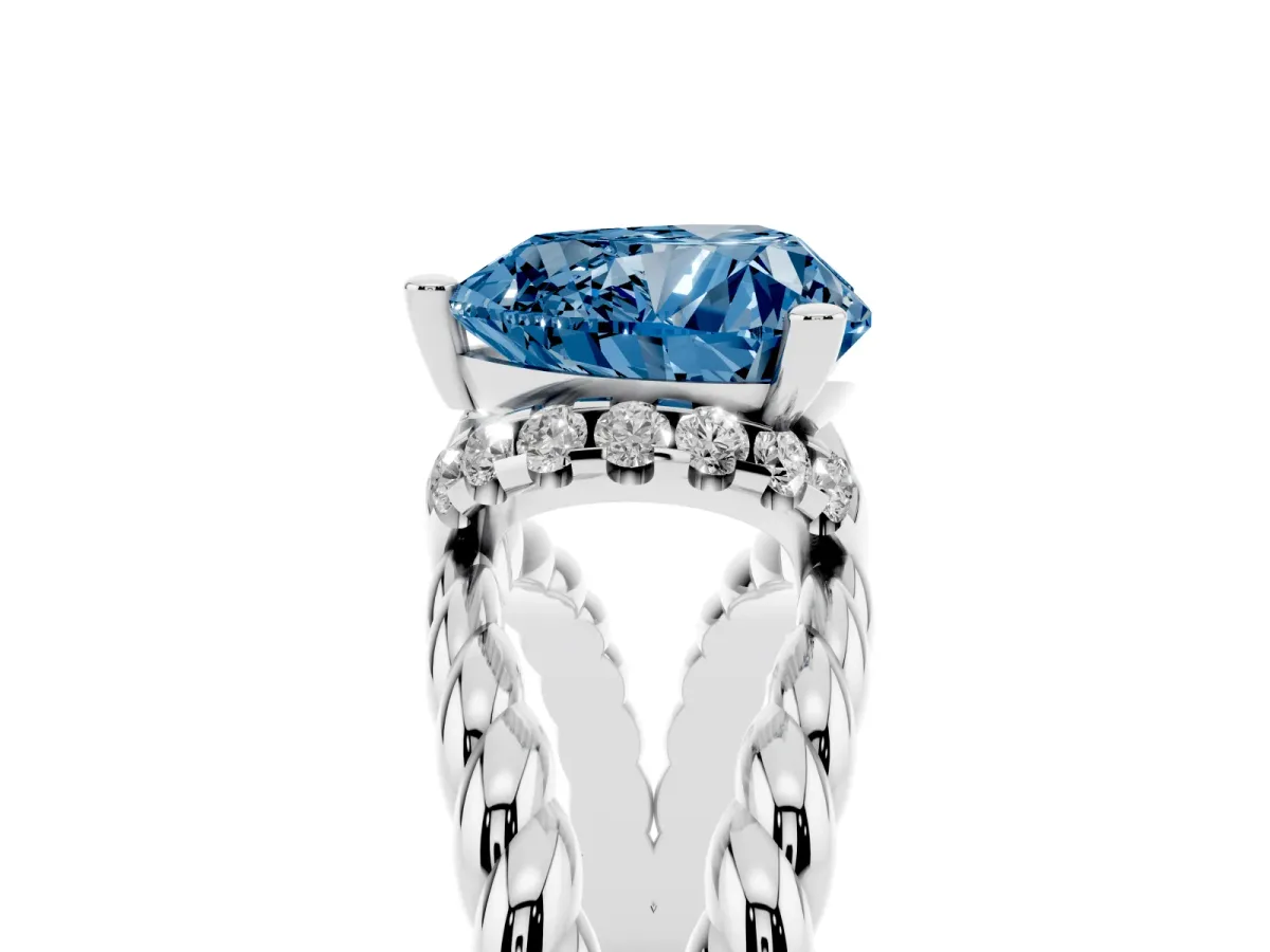 Fancy Blue Heart Cut Halo Twisted Band Four-Prong Ring Silver