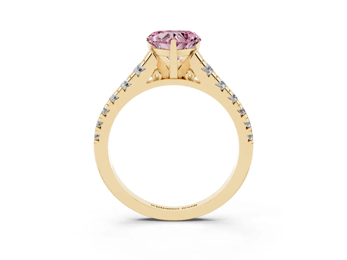 Fancy Pink Heart Cut Diamond Cathedral Solitaire Ring with Round Pavé Band Yellow gold