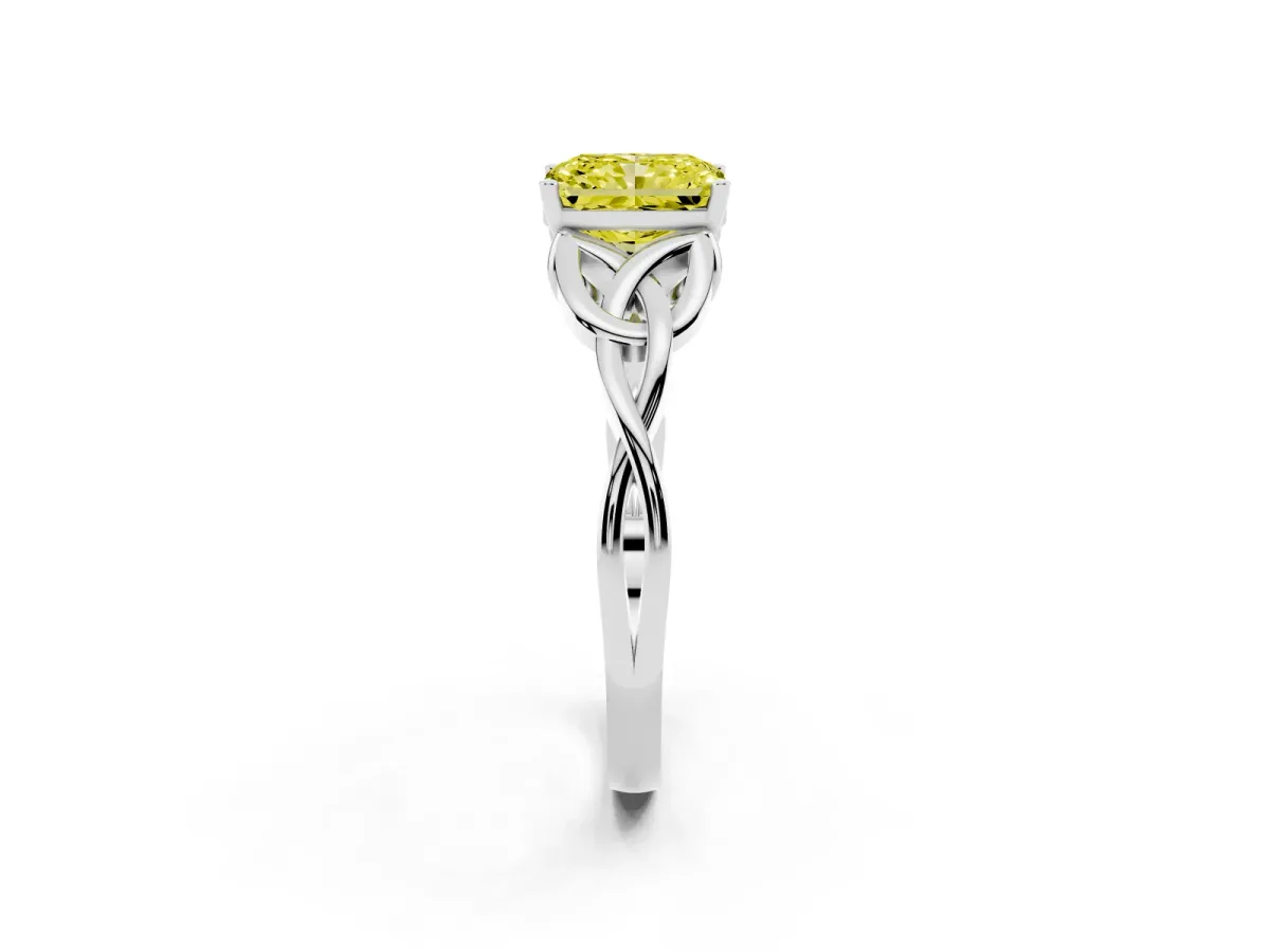 Fancy Yellow Radiant Cut Diamond Solitaire Engagement Ring with Celtic Knot Band and Four-Prong Setting White gold