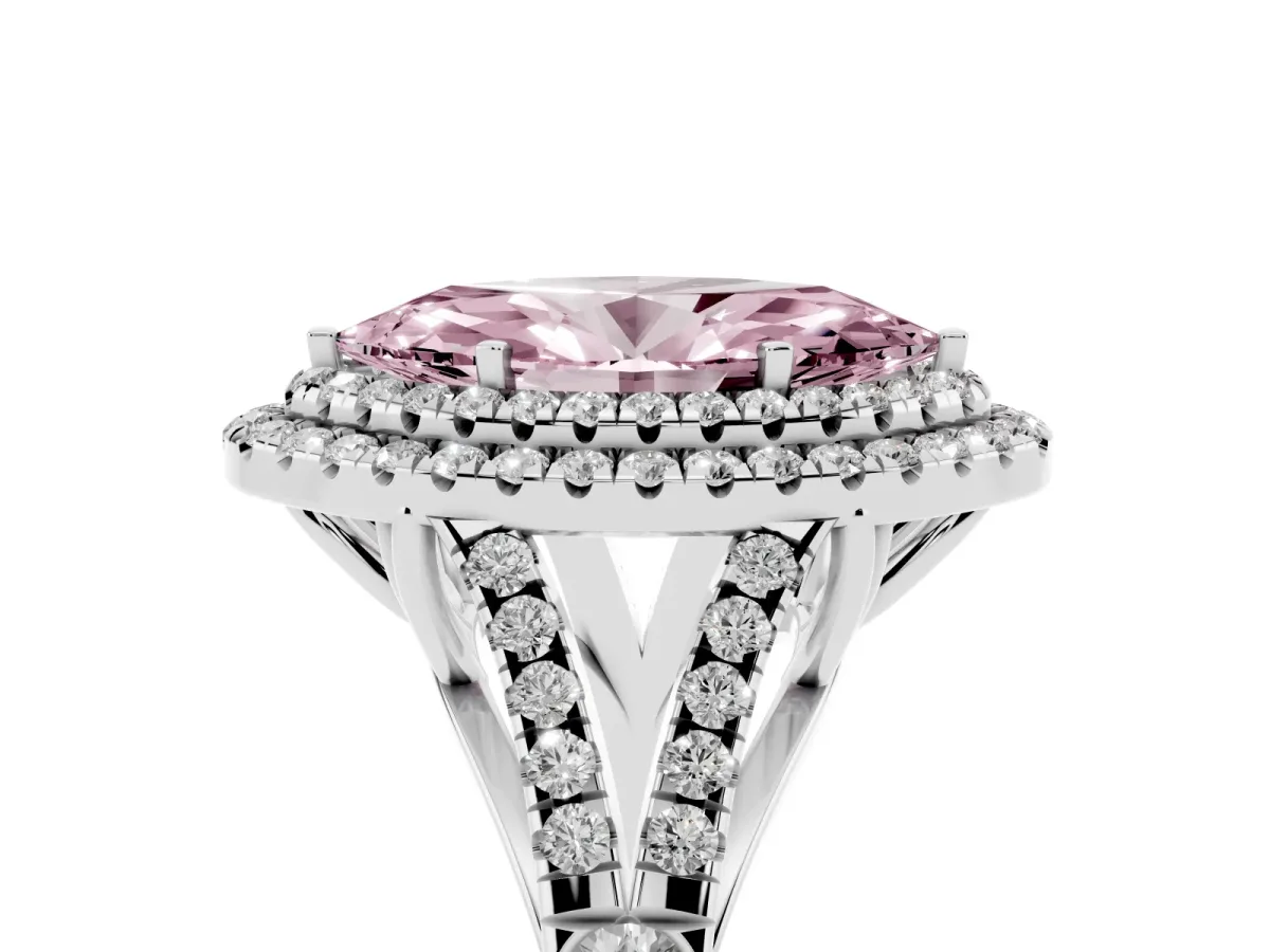Fancy Pink Marquise Cut Cut Double Halo Split Shank Diamond Ring with Prong Setting Silver
