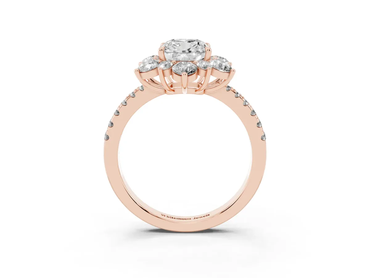 Cushion Cut Diamond Floral Halo Ring with Round Pavé Band and Prong Setting Rose gold