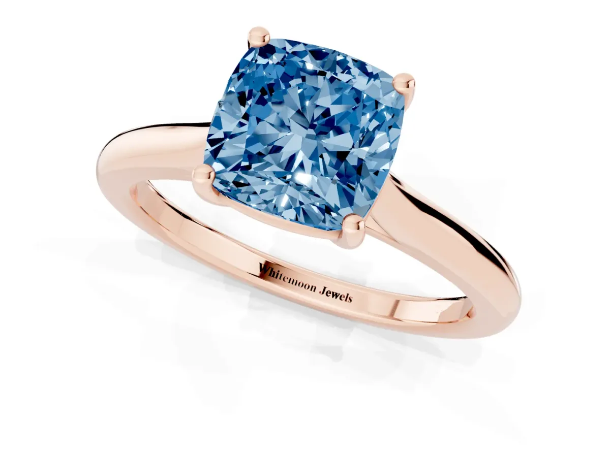 Fancy Blue Cushion Cut Cut Solitaire Ring with Cathedral Band and Four-Prong Setting Rose gold