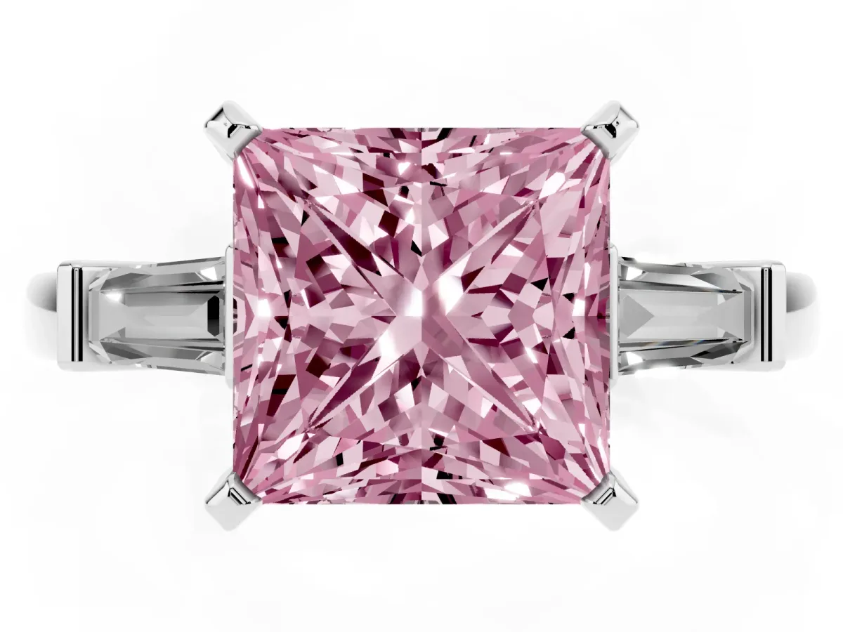Fancy Pink Princess Cut Cut Diamond Solitaire Ring with Tapered Baguette Accents and Four-Prong Setting Silver