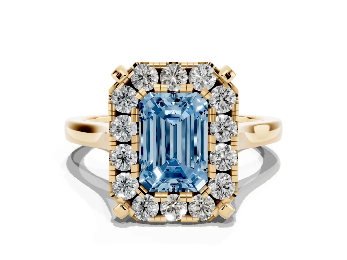 Fancy Blue Emerald Cut Diamond Cluster Halo Solitaire with Four-Prong Setting Yellow gold