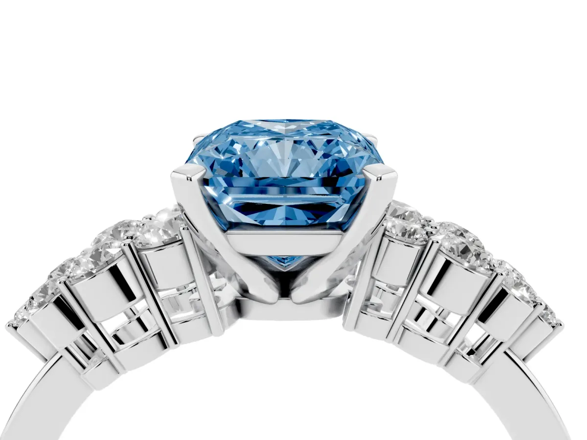 Fancy Blue Radiant Cut Cluster Diamond Engagement Ring with Pavé Band and Four-Prong Setting Silver