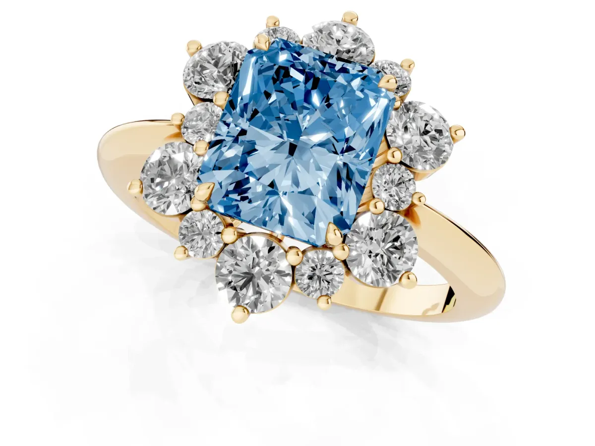 Fancy Blue Radiant Cut Diamond Cluster Halo Ring with Solitaire Band and Four-Prong Setting Yellow gold